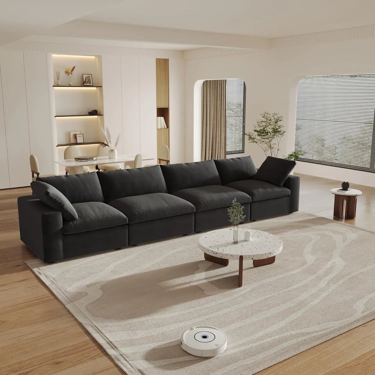 Sofás seccionales Cloud de lujo premium | Sofá seccional de 4 piezas de algodón y lino negro, otomana con almacenaje de 4 plazas y 160"