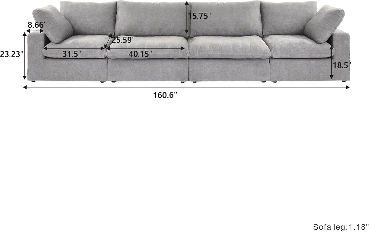 Deluxe Premium Cloud Sectional Sofas | Cotton and Linen Light Grey Couch Sectionals 160" Removable & Washable Covers 4-seaters