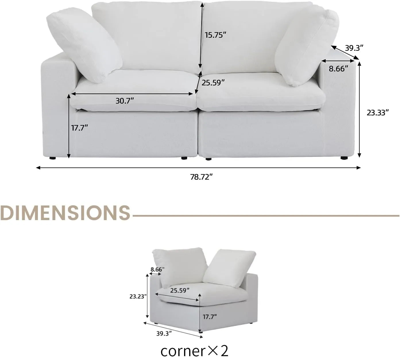 Deluxe Premium Cloud Sectional Sofas | Cotton and Linen White Loveseats 80" Storage Ottoman 2-seaters