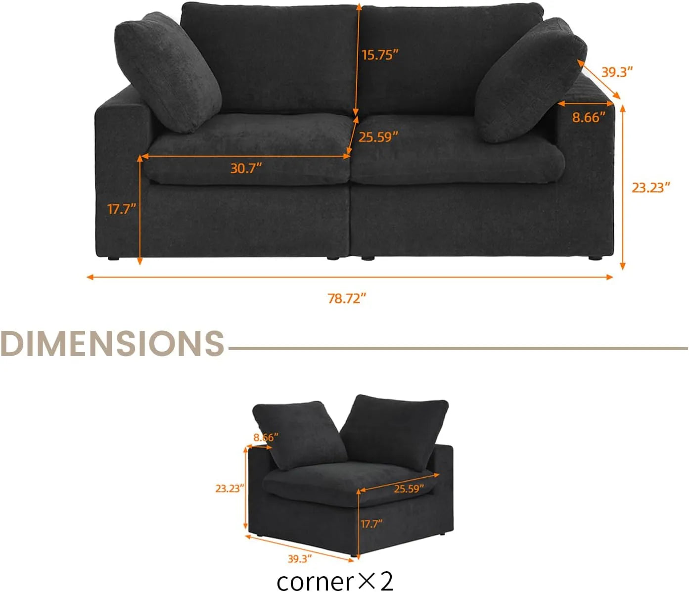 Deluxe Premium Cloud Sectional Sofas | Cotton and Linen Black Loveseats 80" Storage Ottoman 2-seaters