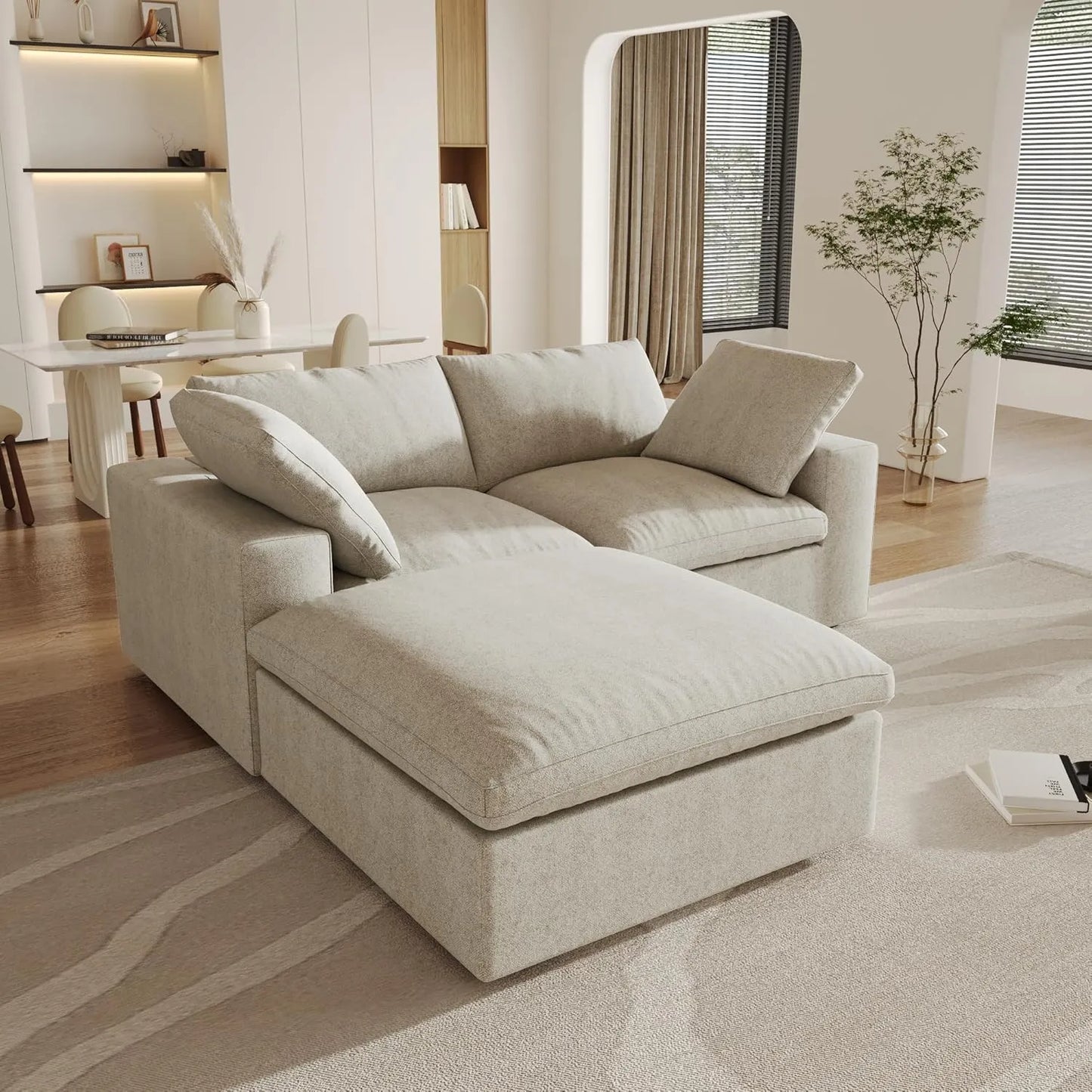 Deluxe Premium Cloud Sectional Sofas | 3-Piece Cotton and Linen Khaki Chaise Sectionals 80" Cloud-Like Comfort 2-Seater