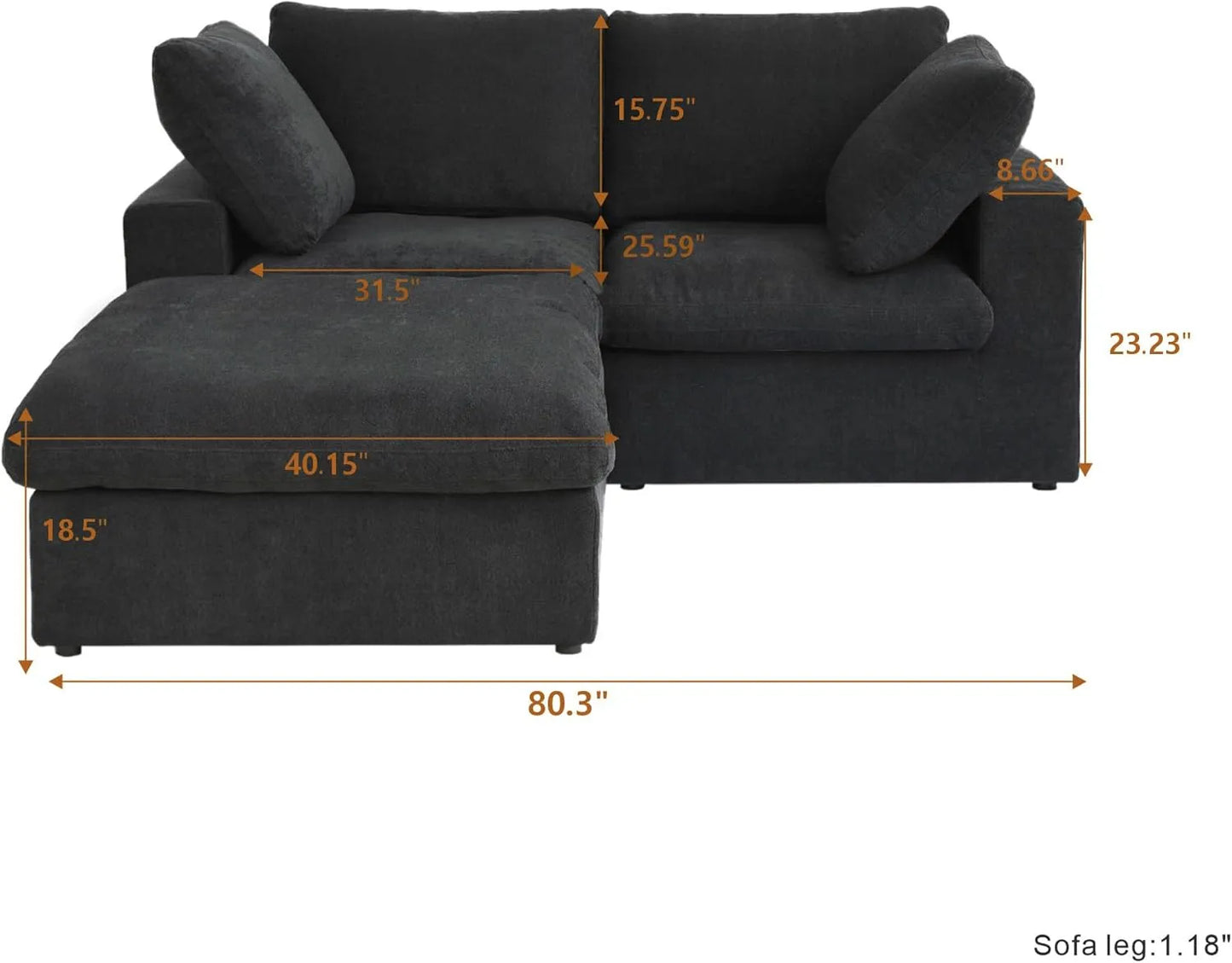 Deluxe Premium Cloud Sectional Sofas | 3-Piece Cotton and Linen Black Chaise Sectionals 80" Removable & Washable Covers 2-seaters