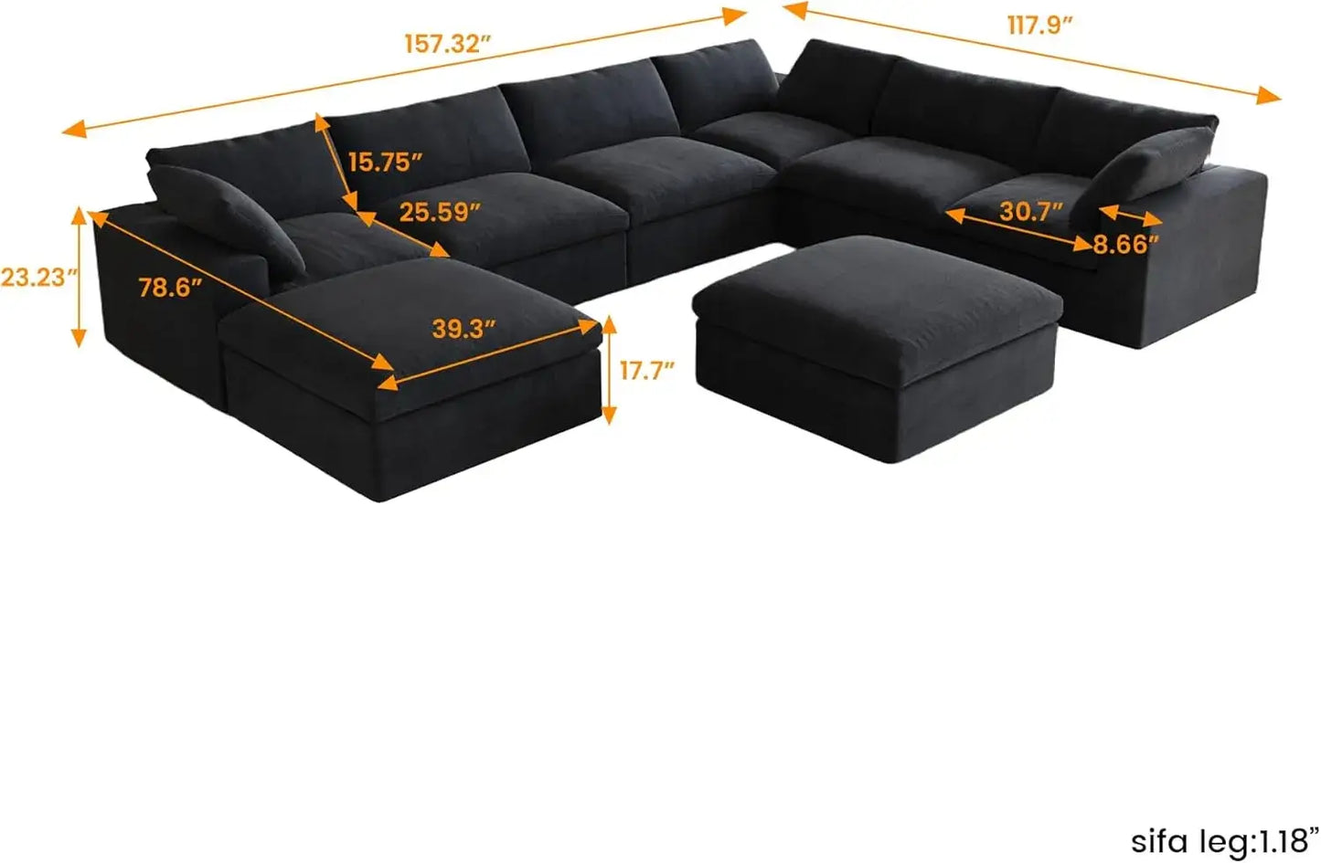 Deluxe Premium Cloud Sectional Sofas | Cotton and Linen Black Sofa Sets 160" Removable & Washable Covers 6-seaters