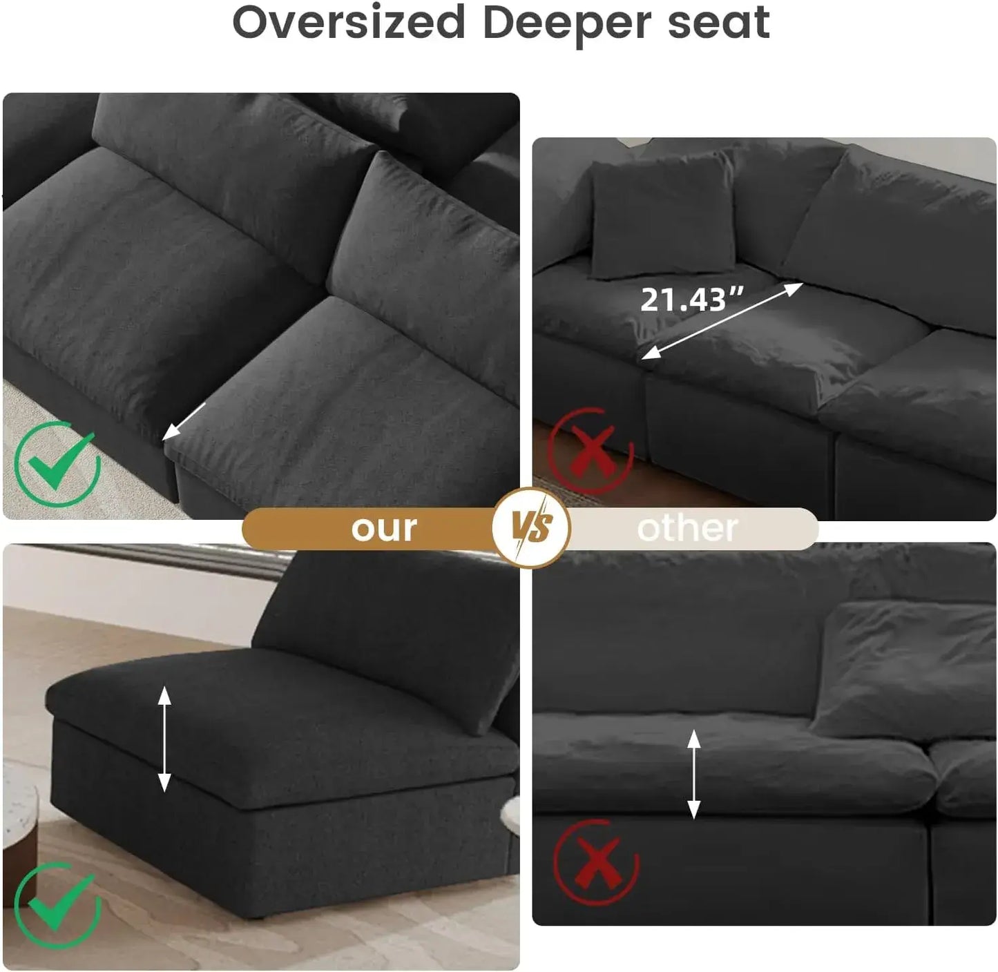 Deluxe Premium Cloud Sectional Sofas | Cotton and Linen Black Sofa Sets 160" Removable & Washable Covers 6-seaters