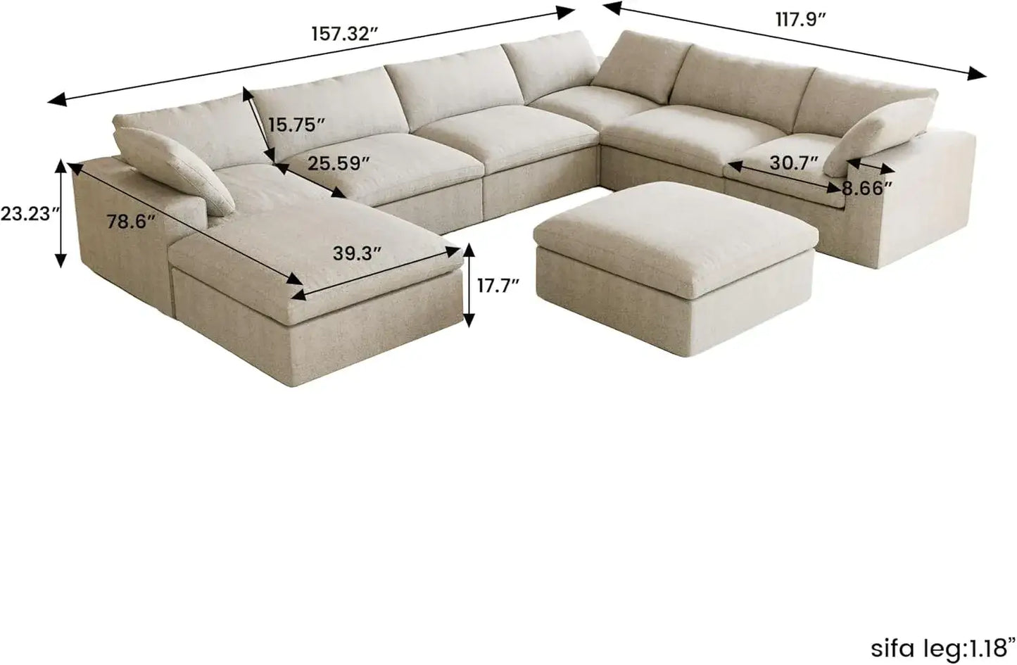 Deluxe Premium Cloud Sectional Sofas | Cotton and Linen Khaki Sofa Sets 160" Removable & Washable Covers 6-seaters