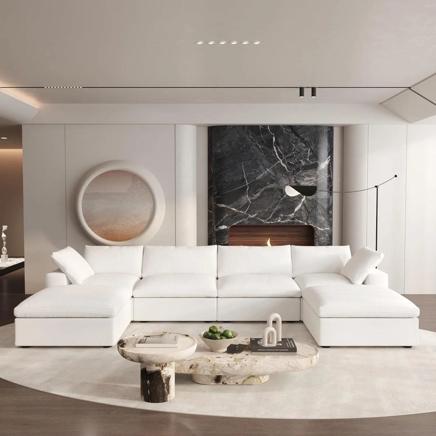 Deluxe Premium Cloud Sectional Sofas | 6-Piece Cotton and Linen White U-shaped Sectionals 160" Storage Ottoman 4-seaters