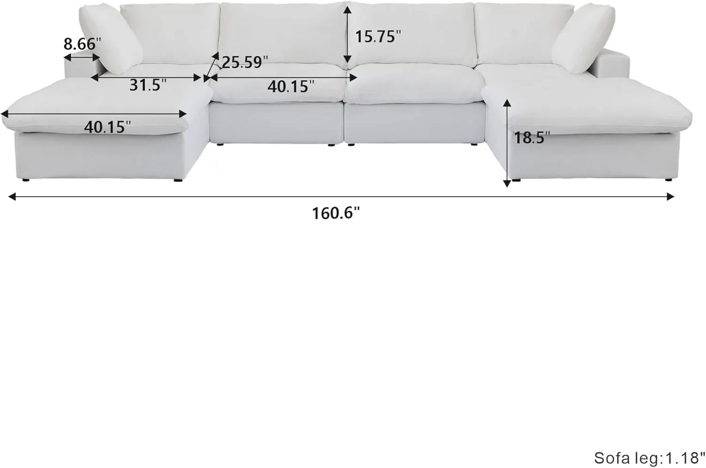 Deluxe Premium Cloud Sectional Sofas | 6-Piece Cotton and Linen White U-shaped Sectionals 160" Storage Ottoman 4-seaters