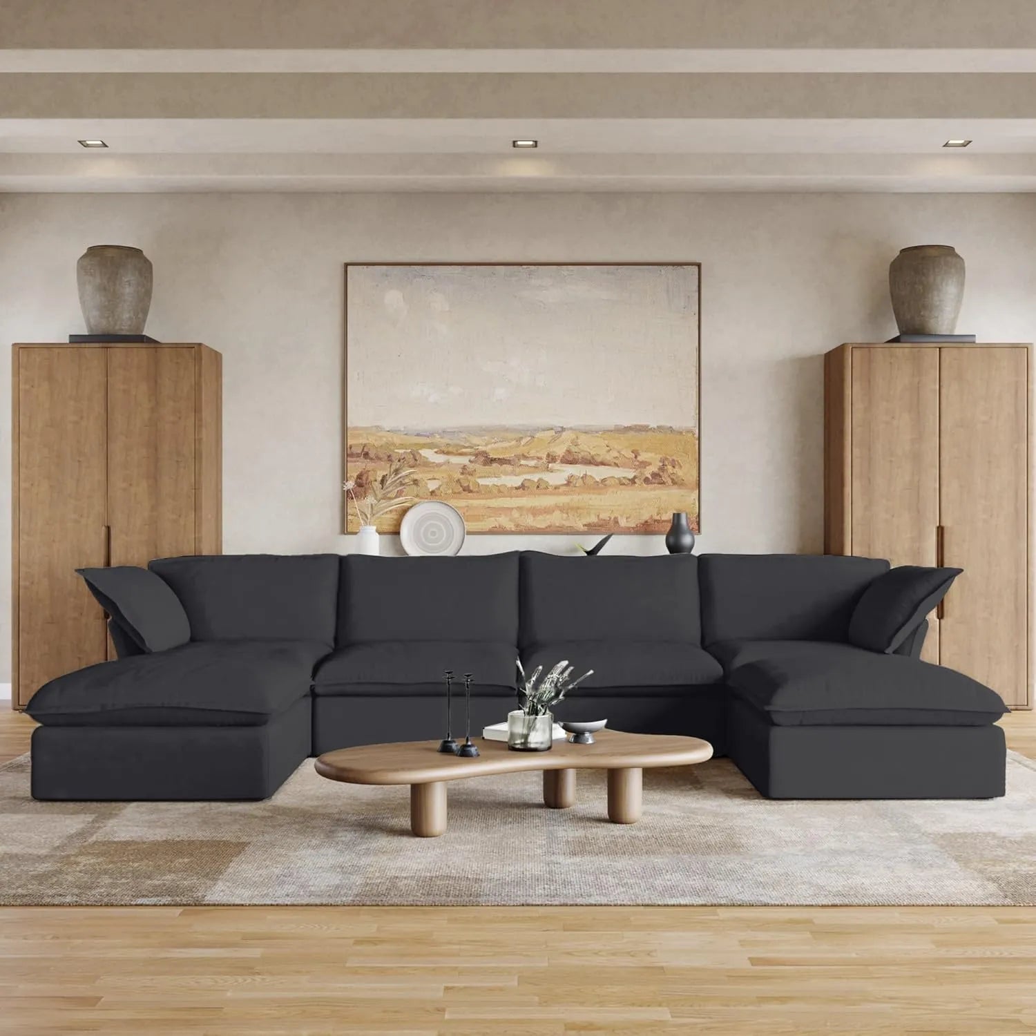 Deluxe Linen Cloud Sectional Sofas | 6-Piece Black Cotton and Linen U Shaped Sectionals 4-seaters