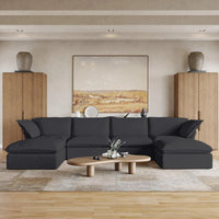 Deluxe Linen Cloud Sectional Sofas | 6-Piece Black Cotton and Linen U Shaped Sectionals 4-seaters
