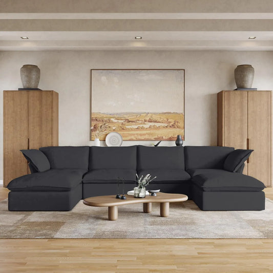 Deluxe Linen Cloud Sectional Sofas | 6-Piece Black Cotton and Linen U Shaped Sectionals 4-seaters