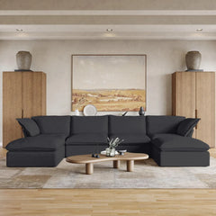 Deluxe Linen Cloud Sectional Sofas | 6-Piece Black Cotton and Linen U Shaped Sectionals 4-seaters
