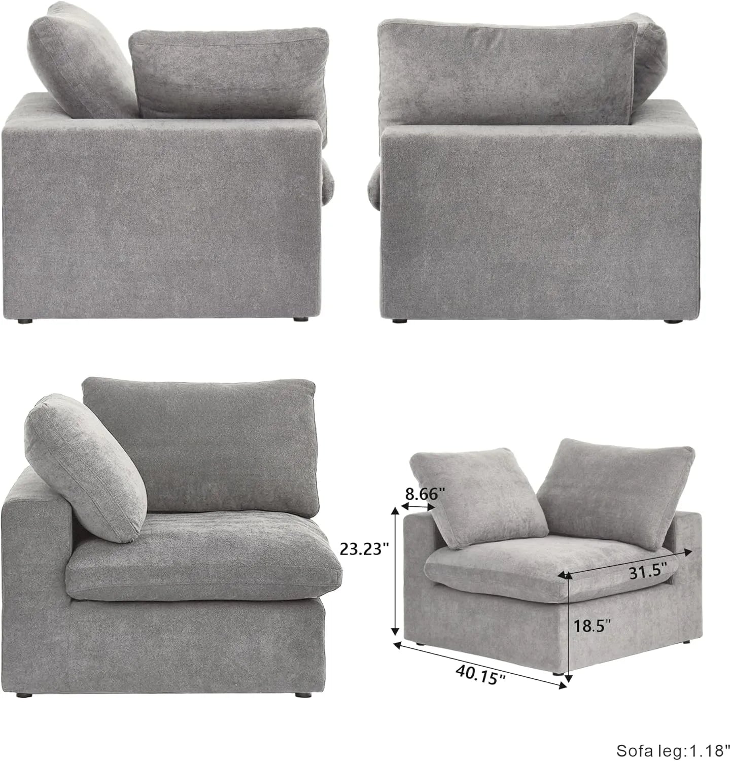 Deluxe Premium Cloud Sectional Sofas | 1-Piece Light Grey Cotton and Linen Armless Single Sofa 1-Seater