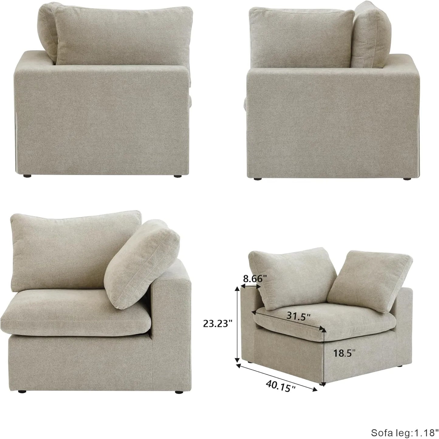 Deluxe Premium Cloud Sectional Sofas | Khaki Cotton and Linen Armless Single Sofa 1-seater
