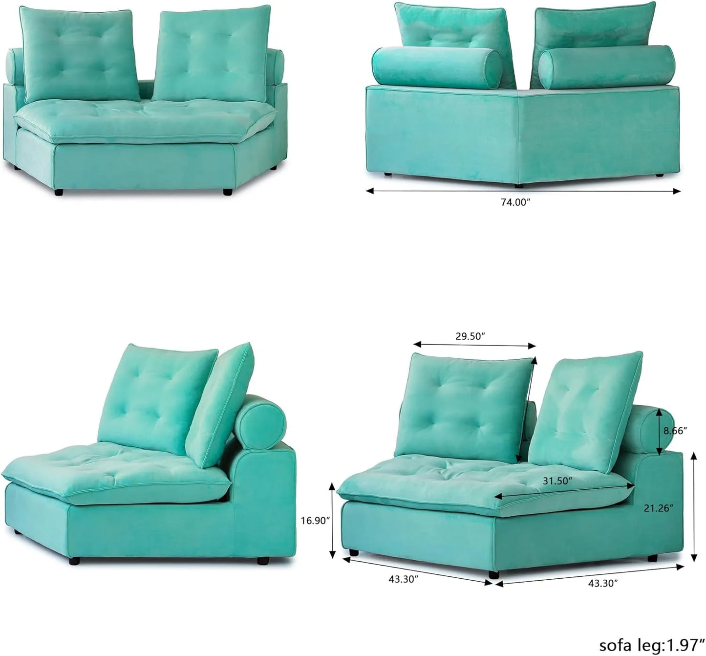 Deluxe Adjustable Cloud Sectional Sofas | Tiffany Blue Frosted Velvet Loveseats 2-seaters
