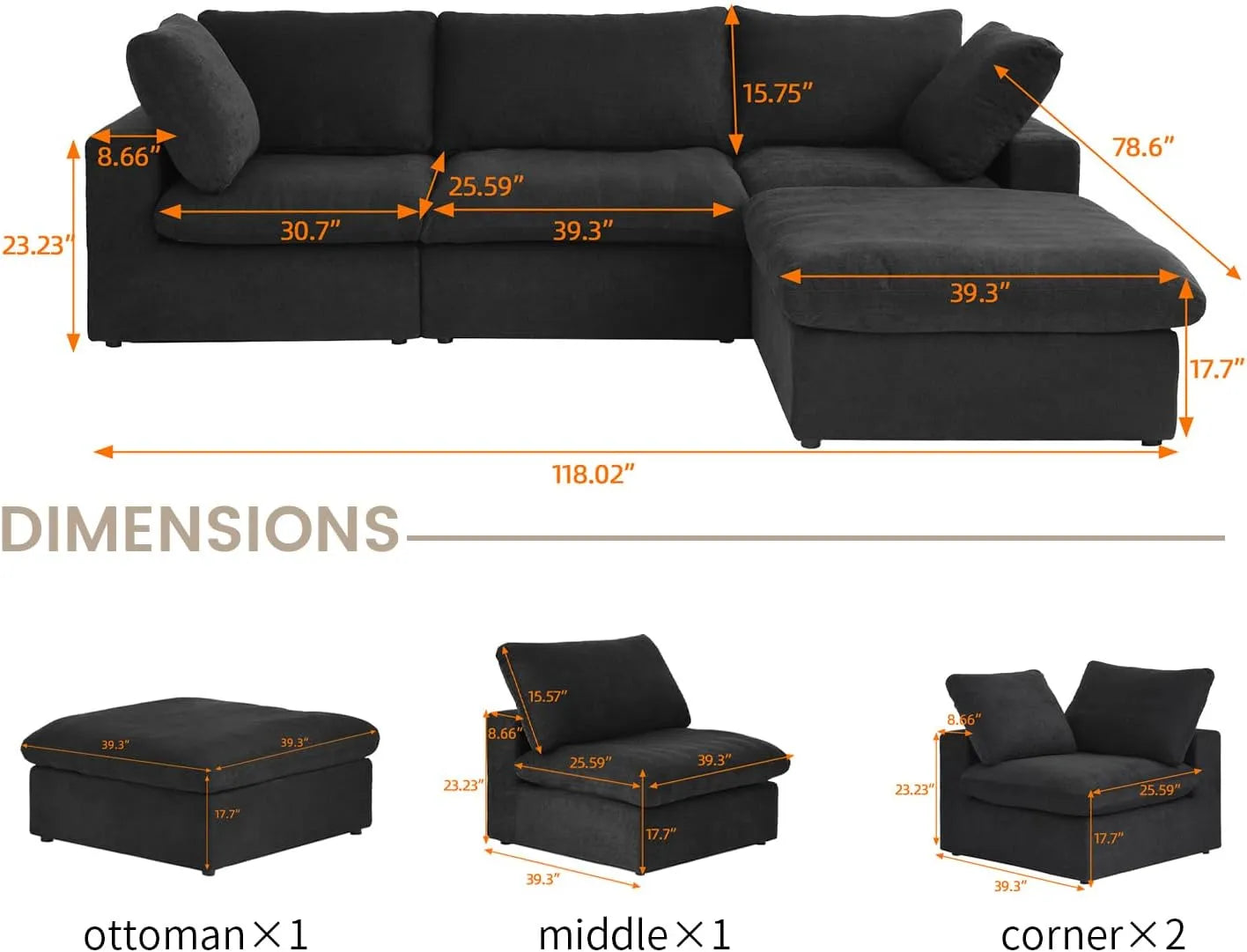 Deluxe Premium Cloud Sectional Sofas | Cotton and Linen Black L-Shaped Sectionals 120" Storage Ottoman 3-seaters