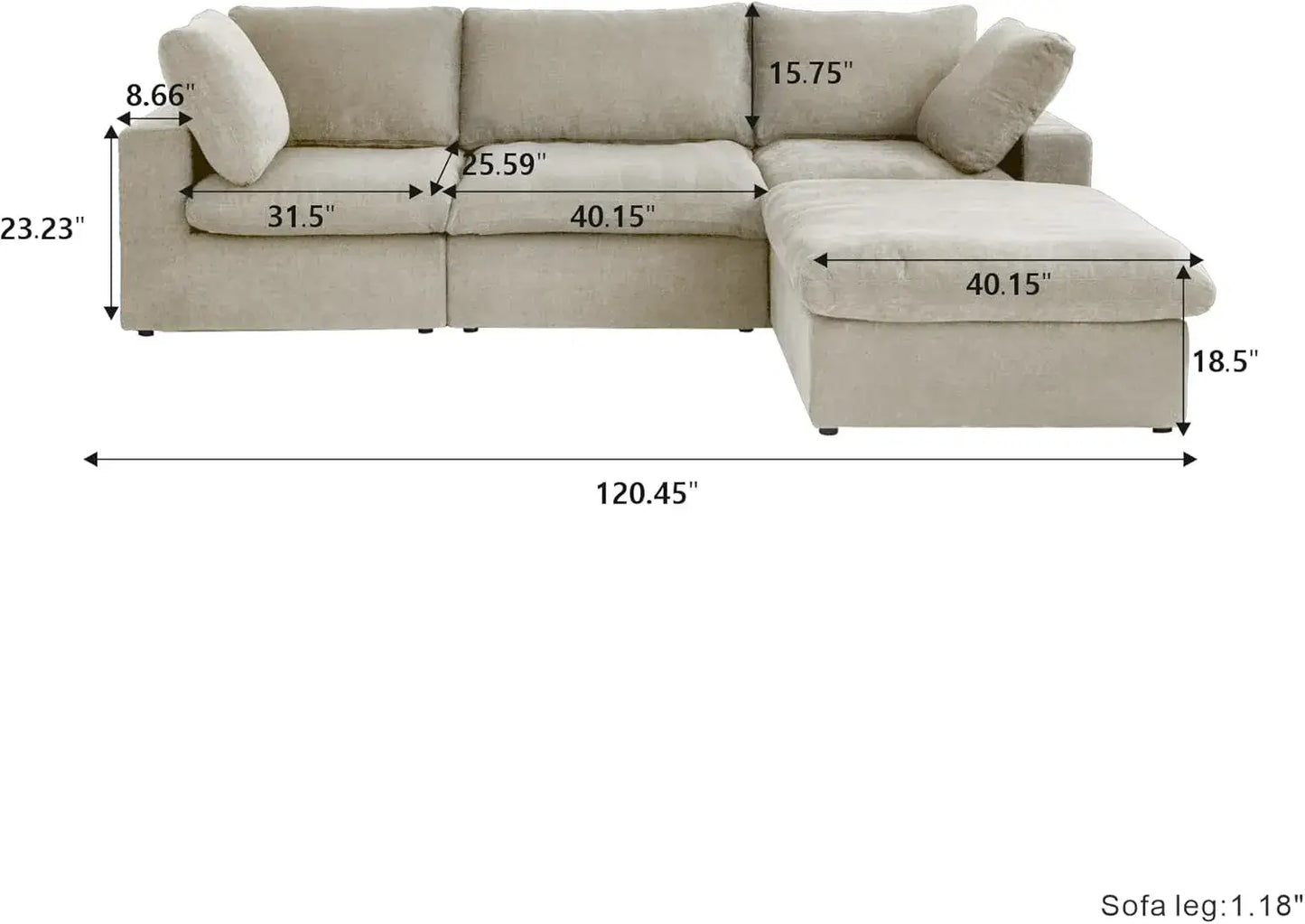 Deluxe Premium Cloud Sectional Sofas | Cotton and Linen Khaki L-Shaped Sectionals 120" Cloud-Like Comfort 3-seaters