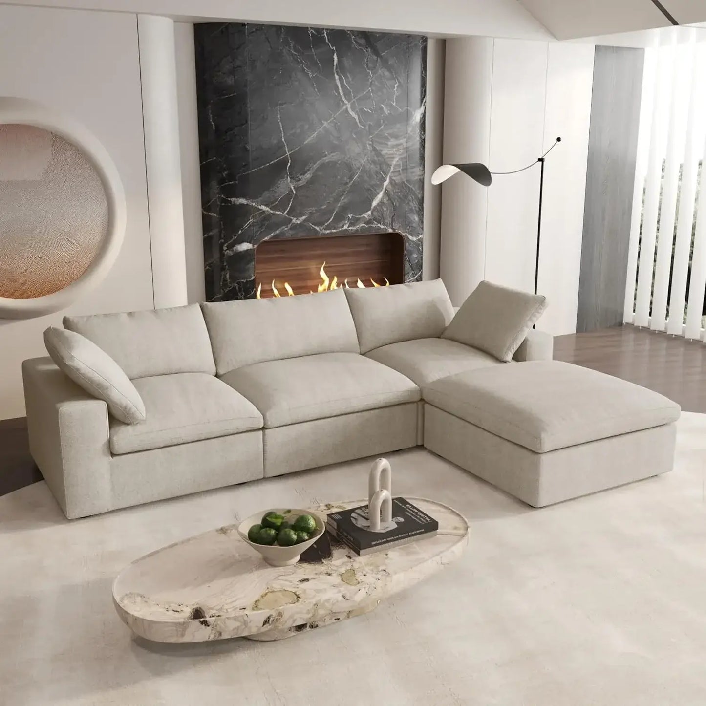 Deluxe Premium Cloud Sectional Sofas | Cotton and Linen Khaki L-Shaped Sectionals 120" Cloud-Like Comfort 3-seaters