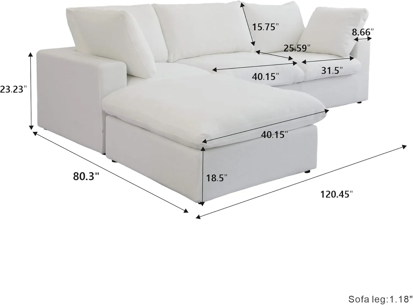 Deluxe Premium Cloud Sectional Sofas | 4-Piece Cotton and Linen White L-Shaped Sectionals 120" Storage Ottoman 3-seaters