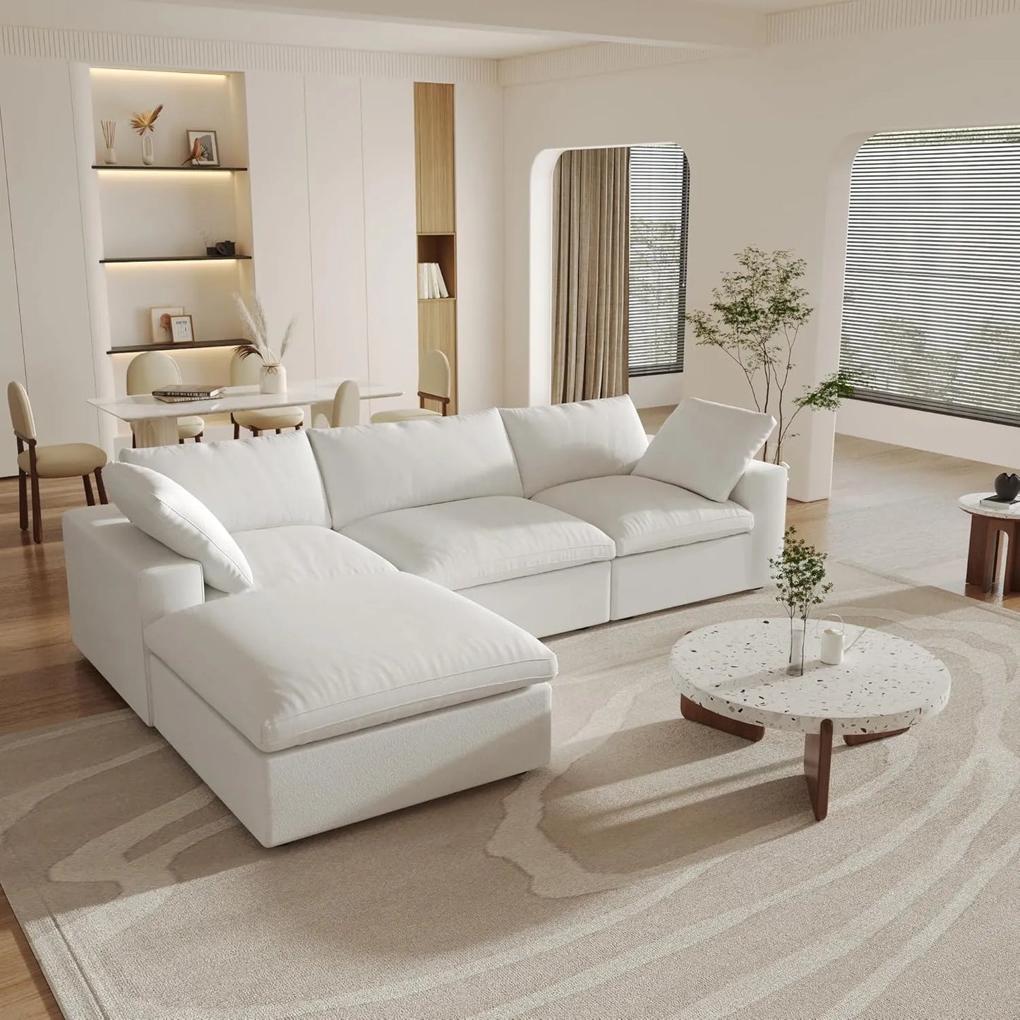 Deluxe Premium Cloud Sectional Sofas | 4-Piece Cotton and Linen White L-Shaped Sectionals 120" Storage Ottoman 3-seaters