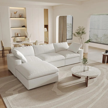 Deluxe Premium Cloud Sectional Sofas | 4-Piece Cotton and Linen White L-Shaped Sectionals 120" Storage Ottoman 3-seaters