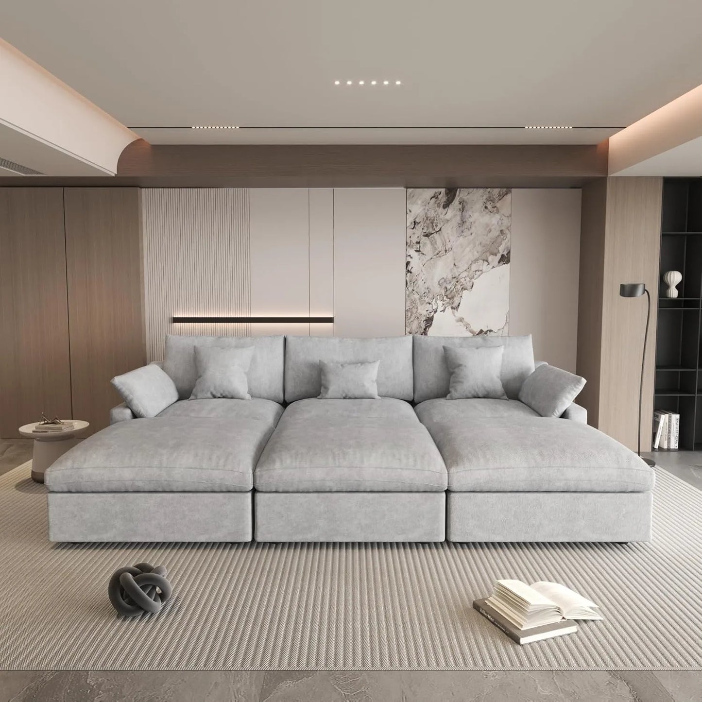 Deluxe Slope Cloud Sectional Sofas | Linen Light Grey Pit Sectionals 120" Adjustable Backrest Pillows 3-seaters