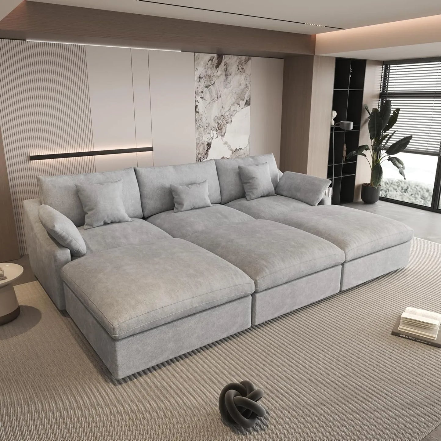 Deluxe Slope Cloud Sectional Sofas | 6-Piece Linen Light Grey Pit Sectionals 120" Adjustable Backrest Pillows 3-Seater