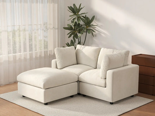 Deluxe Cloud 2-Seater Beige Small Space Chaise Sectional | 3-Piece (Includes 1 Ottoman), Linen-Blend Chenille Fabric, Easy To Clean