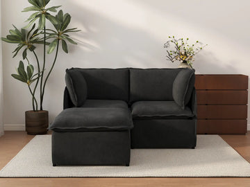 Deluxe Cloud 2-Seater Black Chaise Sectional | 3-Piece (Includes 1 Ottoman), Linen Look Poly Fabric, Washable Cushion Covers