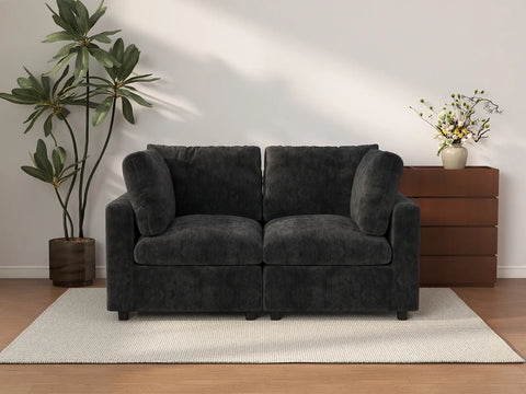 Sofá biplaza Deluxe Cloud en negro | 2 piezas, tela chenilla de mezcla de lino, fundas de cojín lavables