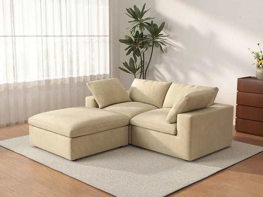 Deluxe Cloud 2-Seater Chaise Sectional in Beige Velvet | 3-Piece (Includes 1 Ottoman), Lounge Room Seating, Easy To Clean, Modular Design