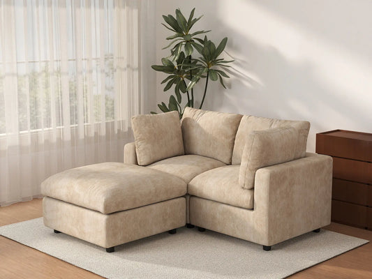 Seccional Chaise Nube Deluxe de 2 plazas color Caqui para espacios pequeños | 3 piezas (incluye 1 otomana), tela de chenilla mezcla de lino, fácil de limpiar