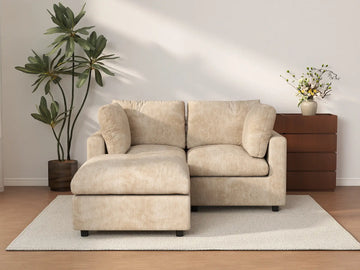 Deluxe Cloud 2-Seater Khaki Small Space Chaise Sectional | 3-Piece (Includes 1 Ottoman), Linen-Blend Chenille Fabric, Easy To Clean