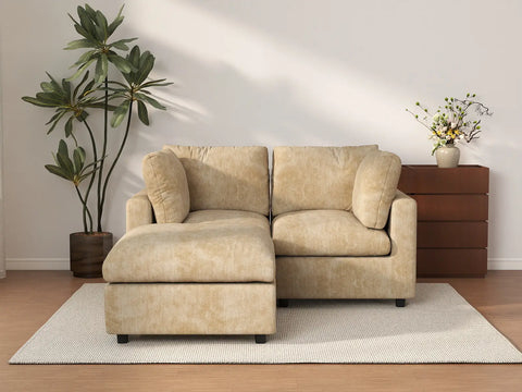 Seccional Chaise Nube Deluxe de 2 plazas color Caqui para espacios pequeños | 3 piezas (incluye 1 otomana), tela de chenilla mezcla de lino, fácil de limpiar