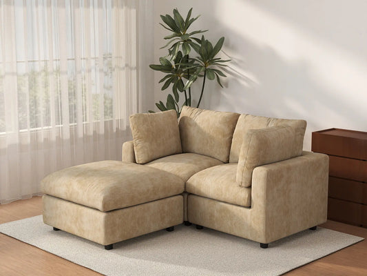 Deluxe Cloud 2-Seater Khaki Small Space Chaise Sectional | 3-Piece (Includes 1 Ottoman), Linen-Blend Chenille Fabric, Easy To Clean