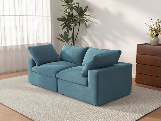 Deluxe Cloud 2-Seater Light Blue Loveseat | 2-Piece, Velvet Fabric, Small Space Seating, Washable Cushion Covers