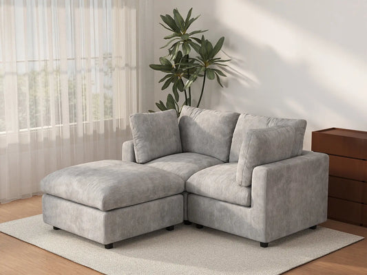 Deluxe Cloud 2-Seater Light Grey Chaise Sectional | 3-Piece (Includes 1 Ottoman), Linen-Blend Chenille Fabric, Washable Cushion Covers