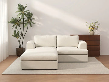 Deluxe Cloud 2-Seater White Small Space Chaise Sectional | 3-Piece (Includes 1 Ottoman), Bouclé Sherpa-Like Fabric, Easy To Clean