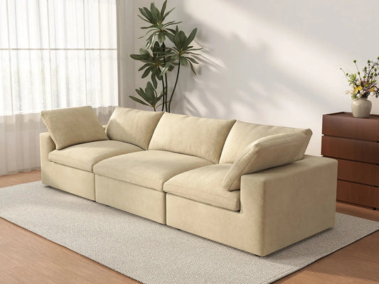Deluxe Cloud 3-Seater Beige Couch Sectional | 3-Piece, Velvet Fabric, Living Room Seating, Washable Cushion Covers