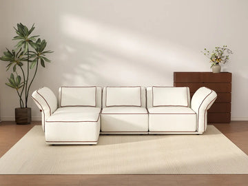 Deluxe Cloud 3-Seater Beige Large Space L-Shaped Sectional | 4-Piece (Includes 1 Ottoman), Bouclé Sherpa-Like Fabric, Easy To Clean