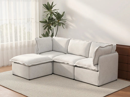 Deluxe Cloud 3-Seater Beige Large Space L-Shaped Sectional | 4-Piece (Includes 1 Ottoman), Linen Look Poly Fabric, Easy To Clean