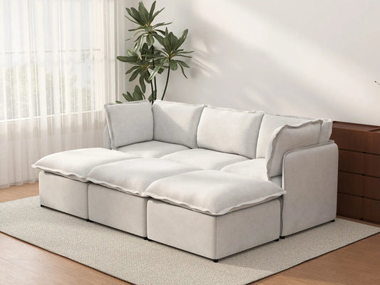 Deluxe Cloud 3-Seater Beige Large Space Pit Sectional | 6-Piece (Includes 3 Ottomans), Linen Look Poly Fabric, Easy To Clean