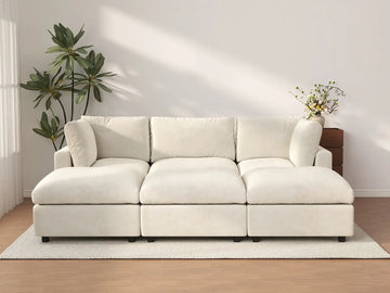 Seccional en L para espacio grande Deluxe Cloud de 3 plazas, beige | 6 piezas (incluye 3 pufs), tela de chenilla mezcla de lino, fácil de limpiar