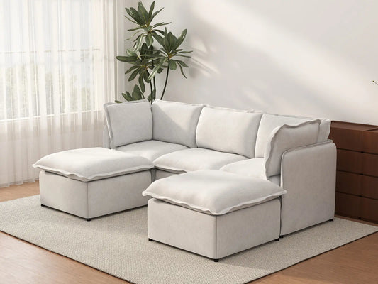 Deluxe Cloud 3-Seater Beige Large Space U-Shaped Sectional | 5-Piece (Includes 2 Ottomans), Linen Look Poly Fabric, Easy To Clean