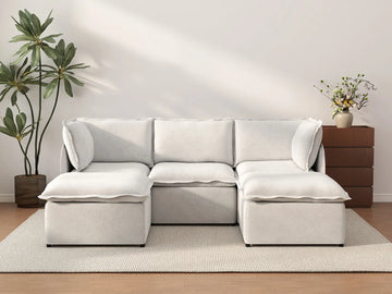 Deluxe Cloud 3-Seater Beige Large Space U-Shaped Sectional | 5-Piece (Includes 2 Ottomans), Linen Look Poly Fabric, Easy To Clean