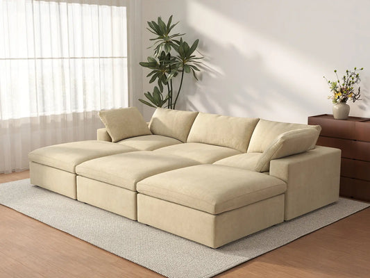 Deluxe Cloud 3-Seater Beige Pit Sectional | 6-Piece (Includes 3 Ottomans), Velvet Fabric, Family Room Seating, Washable Cushion Covers
