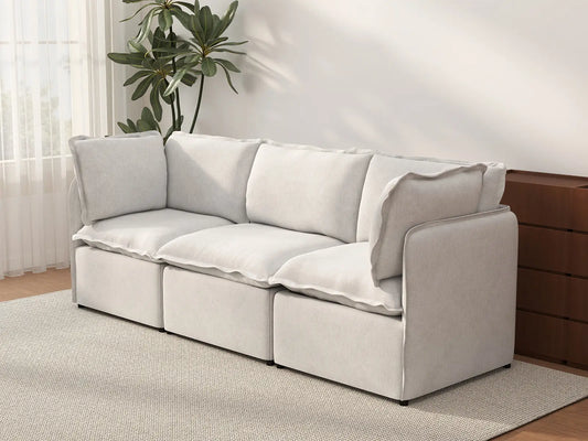 Deluxe Cloud 3-Seater Beige Small Space Couch Sectional | 3-Piece, Linen Look Poly Fabric, Easy To Clean