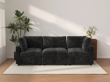 Sofá seccional de 3 plazas Deluxe Cloud negro | 3 piezas, tela de chenilla mezcla de lino, fundas de cojín lavables