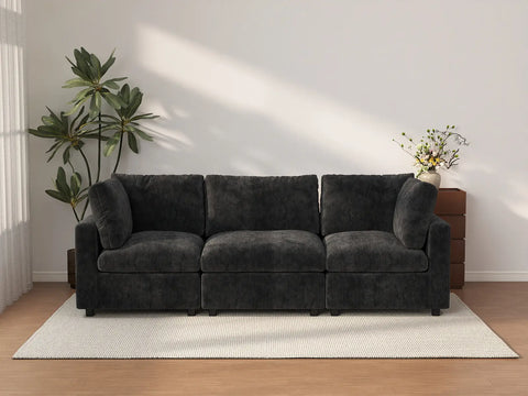 Sofá seccional de 3 plazas Deluxe Cloud negro | 3 piezas, tela de chenilla mezcla de lino, fundas de cojín lavables