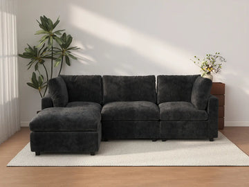 Deluxe Cloud 3-Seater Black L-Shaped Sectional | 4-Piece (Includes 1 Ottoman), Linen-Blend Chenille Fabric, Washable Cushion Covers
