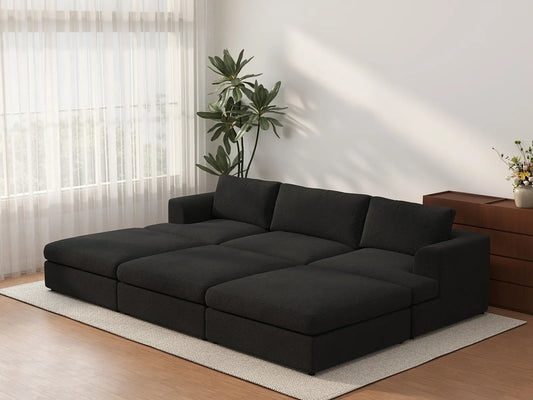 Sofá seccional de foso Deluxe Cloud de 3 plazas, negro | 6 piezas (incluye 3 pufs), tejido de bouclé tipo sherpa, fundas de cojín lavables